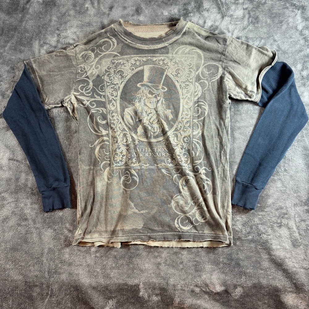Y2K Affliction Mens Large Long Sleeve Aficionados Thermal Skull Shirt Grey